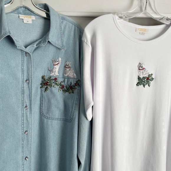VTG Plus Size Tia Designs Holiday Top/Denim Blouse SET Beaded Embroidered Cat 1X - Picture 9 of 15